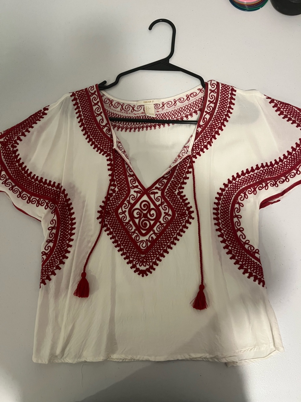 Forever 21 White Peasant Blouse with Red Embroidery